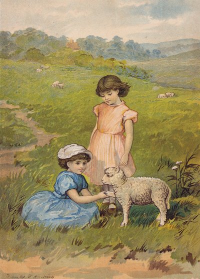 Deux filles caressant un agneau - Emily Jane Harding Andrews