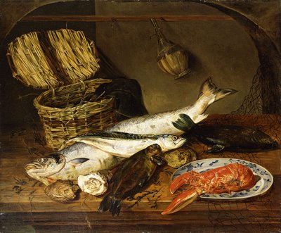 Un saumon, un maquereau, un homard sur une assiette, un panier en osier, des huîtres, une bouteille de Chianti et un filet de pêcheur sur une table en bois, 1854 - Emily Stannard