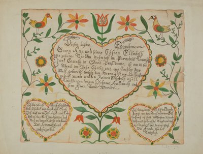 Fraktur - Certificat de naissance et de baptême - Emma M. Krumrine