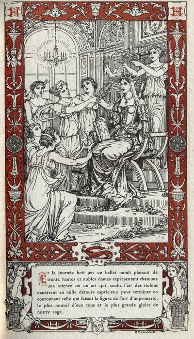Ballet au château de Fontainebleau où les dames de la cour du roi Henri II (1519 - 1559) représentent chacune une science ou un art. Gravure de 1914 par Emmanuel Blanche. Collection privée. - Emmanuel Blanche