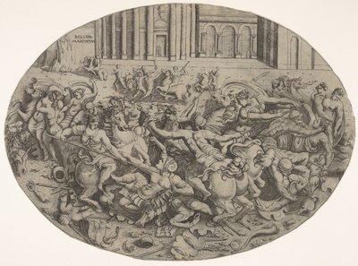 Combat entre Amazones et hommes devant des arcades architecturales, une composition ovale - Enea Vico