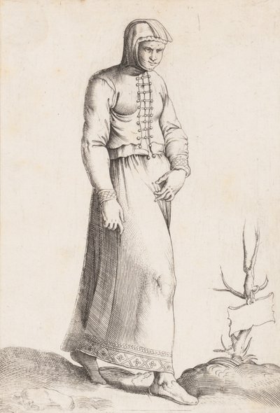 Planche de costume : Femme avec vêtement à capuche, ca. 1557-58 - Enea Vico