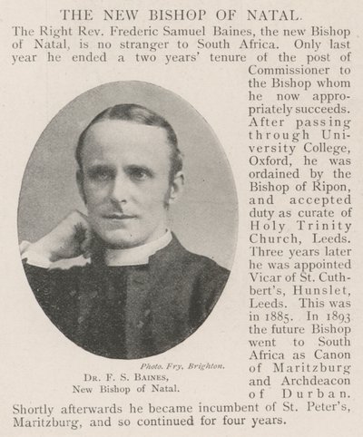 Dr F S Baines, nouveau évêque de Natal - English Photographer