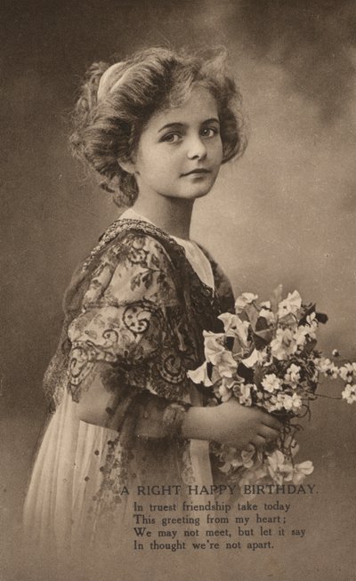 Fille avec un bouquet de fleurs et un message d