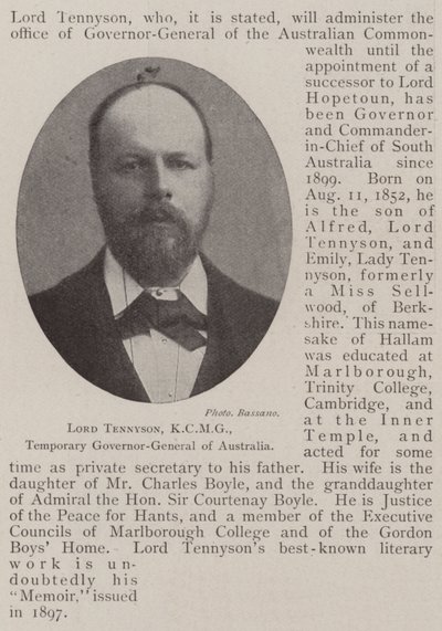 Lord Tennyson, KCMG, gouverneur général temporaire de l