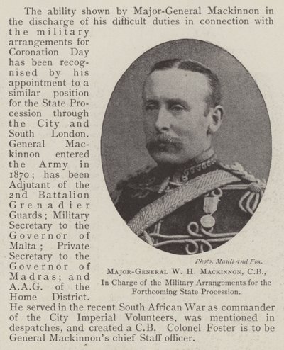 Major-général W H Mackinnon, CB, en charge des arrangements militaires pour la prochaine procession d