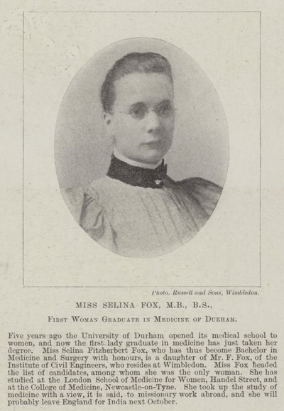 Mlle Selina Fox, MB, BS, première femme diplômée en médecine de Durham - English Photographer