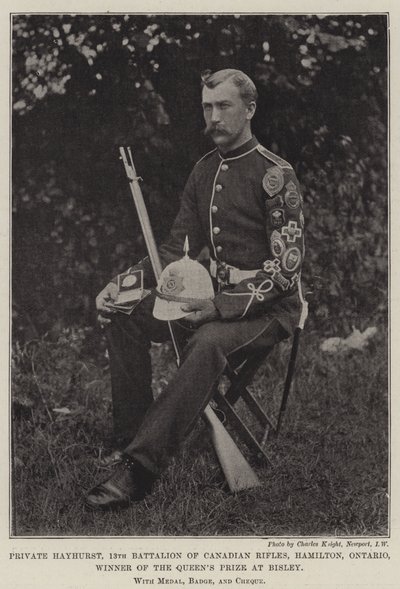 Soldat Hayhurst, 13e bataillon des fusiliers canadiens, Hamilton, Ontario, vainqueur du prix de la reine à Bisley, avec médaille, badge et chèque - English Photographer