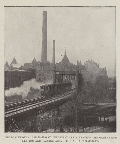 Le chemin de fer aérien de Berlin, le premier train quittant la station de production et passant au-dessus du chemin de fer d