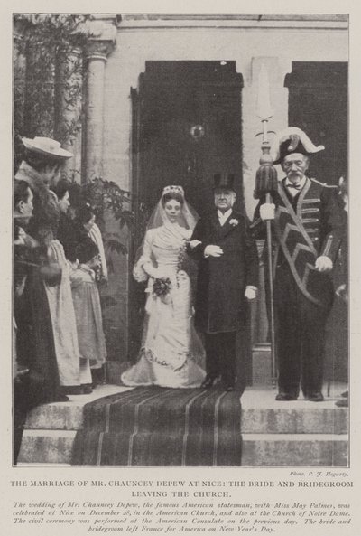 Le mariage de M. Chauncey Depew à Nice, les mariés quittant l