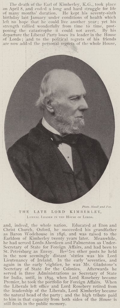 Le défunt Lord Kimberley, chef libéral à la Chambre des lords - English Photographer