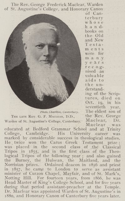 Le révérend G F Maclear, DD, directeur du St Augustine