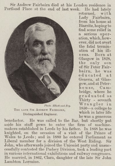Le défunt Sir Andrew Fairbairn, ingénieur distingué - English Photographer
