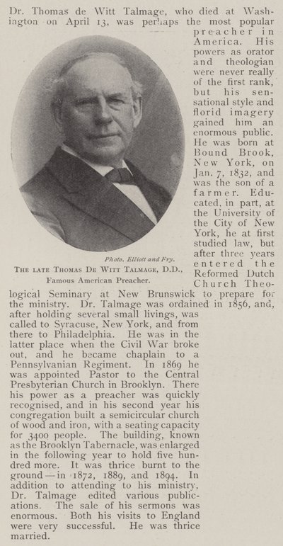Le défunt Thomas de Witt Talmage, DD, célèbre prédicateur américain - English Photographer