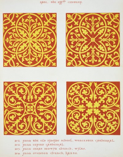 Designs de carreaux du XIIIe siècle, illustration de Spécimens de pavements de carreaux, dessinés d