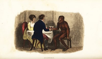 Couple néerlandais du XVIIIe siècle buvant du vin avec un orang-outan de Bornéo à la table à manger - English School