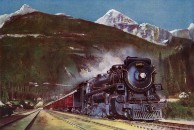 Locomotive à vapeur 2-10-4 du Chemin de fer Canadien Pacifique au pied des montagnes Rocheuses, Canada - English School