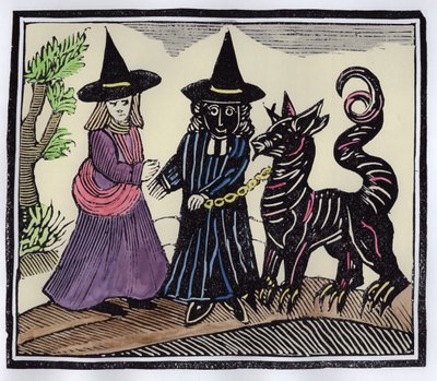 Une sorcière noire et une sorcière blanche avec un animal diabolique, illustration d