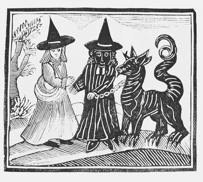 Une sorcière noire et une sorcière blanche avec un animal diabolique, illustration d