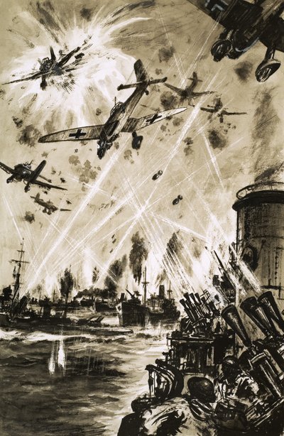 Un convoi britannique pendant la Seconde Guerre mondiale attaqué par des Stukas allemands - English School