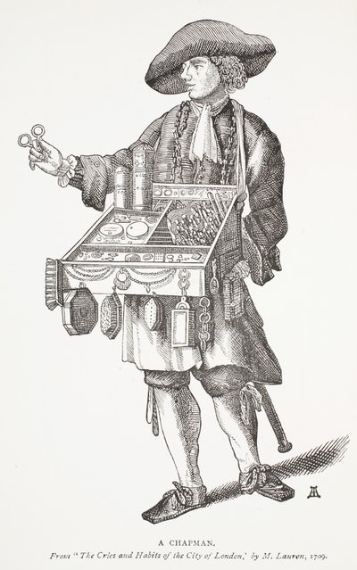 Un colporteur, frontispice de Les cris et les habitudes de la ville de Londres par M. Lauren, 1709, illustration de Chap-books du XVIIIe siècle par John Ashton, pub. 1882 - English School