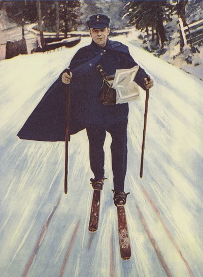 Un facteur allemand sur des skis (lithographie en couleur) - English School