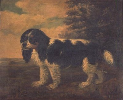 Un épagneul King Charles dans un paysage - English School