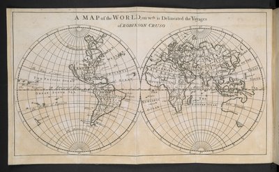 Carte du monde, sur laquelle sont délimités les voyages de Robinson Crusoé - English School
