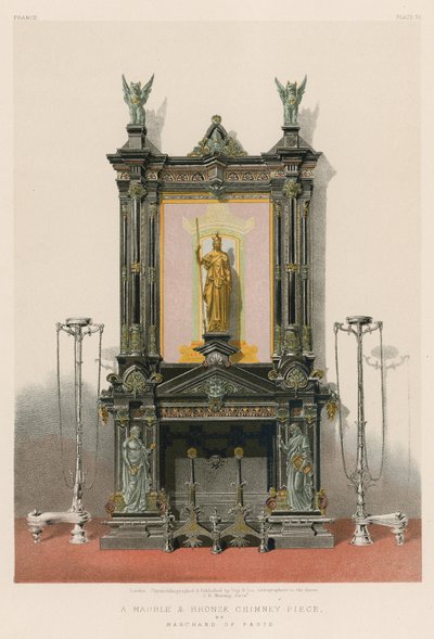 Cheminée en marbre et bronze de Marchand de Paris (chromolitho) - English School