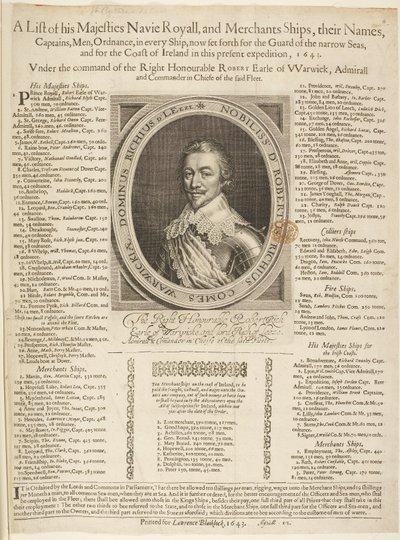 Une liste de navires navals avec portrait du comte de Warwick - English School