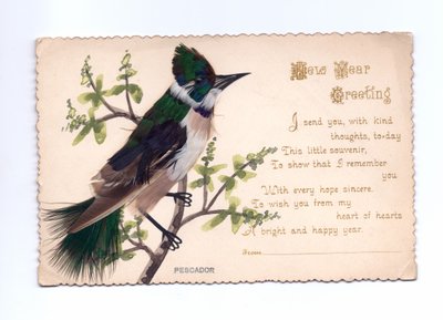 Carte de vœux du Nouvel An avec un martin-pêcheur fait de plumes montées sur un arbre peint à la main, vers 1900 - English School