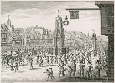 Vue nord-est de Cheapside avec la croix et le conduit - English School