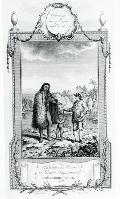 Une femme et un garçon patagons en compagnie du commodore Byron, illustration tirée des Voyages et Voyages de Moore - English School