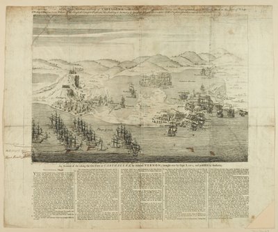 Dessin en perspective de la ville, du port et des forts de Carthagène en 1739, publié en 1741 - English School