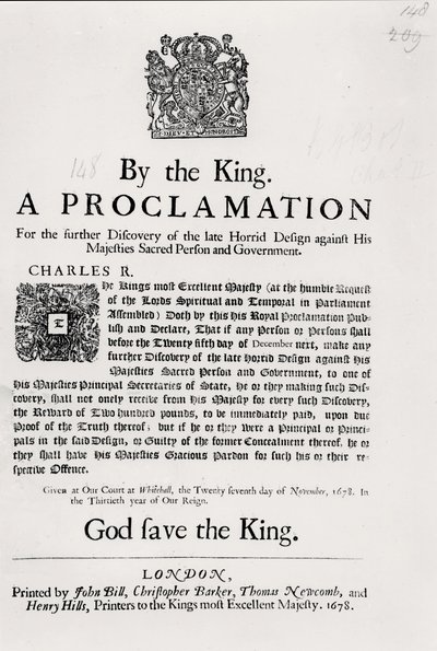 Proclamation du Roi pour la découverte du dernier complot horrible contre Sa Majesté et le gouvernement, 27 novembre 1678 - English School