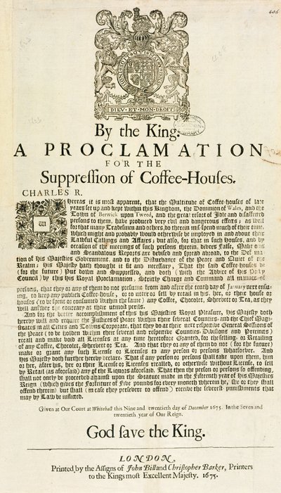 Proclamation du Roi pour la suppression des cafés, 1675 - English School