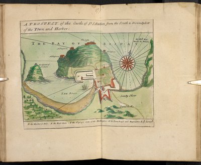 Vue du château de Saint-Sébastien depuis le sud et plan de la ville et du port - English School