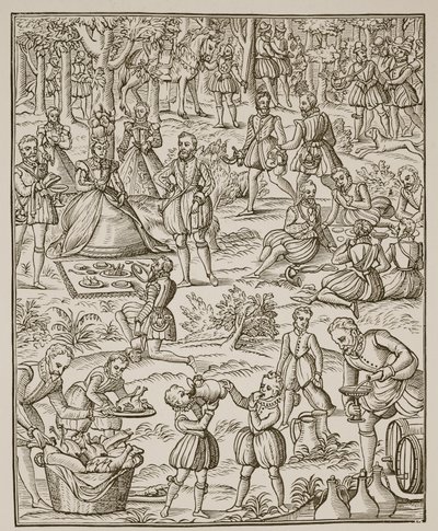 Un pique-nique royal, planche de Noble Art of Venerie and Hunting par George Turberville, 1575 - English School
