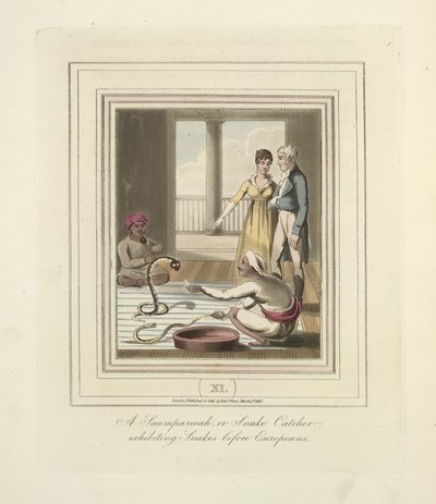 Un Saumpareeah ou chasseur de serpents exhibant des serpents devant des Européens, c.1824 - English School