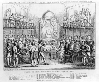 Croquis de la vue intérieure de la Chambre des Lords, représentant le procès de Sa Majesté la reine Caroline, pub. 1820 - English School