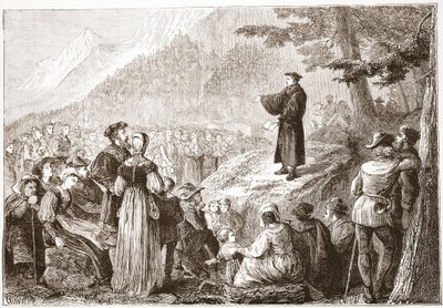 Un réformateur suisse prêchant à son troupeau en plein air, illustration de L