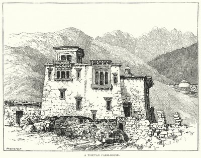 Une ferme tibétaine (gravure) - English School