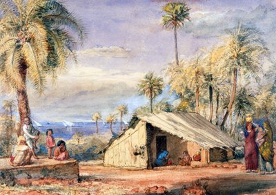 Cabane de tireurs de toddy dans un bosquet de palmiers dattiers, présidence de Bombay, Inde - English School