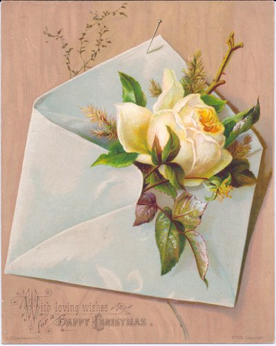 Carte de Noël victorienne représentant une enveloppe avec une rose en sortant, c.1880 - English School