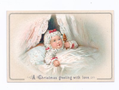 Carte de Noël victorienne avec un enfant au lit tenant un hochet, vers 1880 (lithographie en couleur) - English School