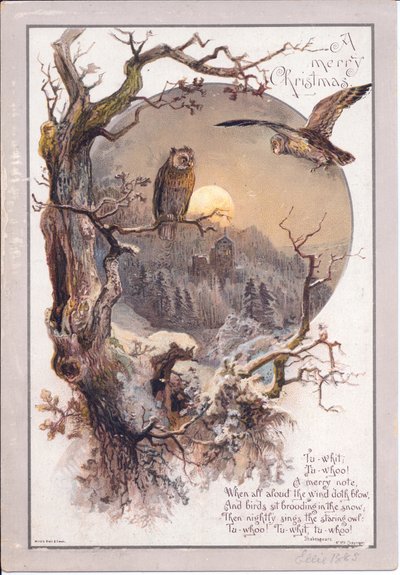 Carte de Noël victorienne avec un hibou perché sur une branche par une nuit de clair de lune, vers 1880 (lithographie en couleur) - English School