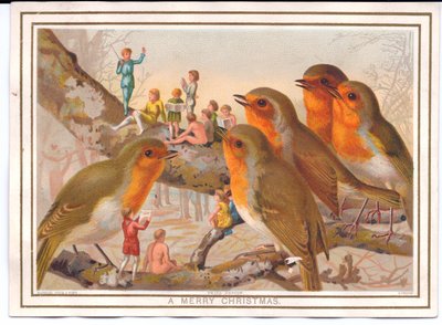 Carte de Noël victorienne représentant cinq rouges-gorges perchés sur une branche écoutant un groupe de fées, vers 1880 - English School