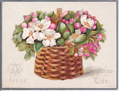 Carte de Noël victorienne avec des fleurs et des feuilles dans un panier en osier, vers 1880 (lithographie en couleur) - English School