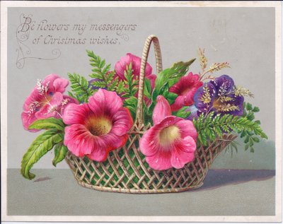 Carte de Noël victorienne avec des fleurs dans un panier en osier, vers 1880 (lithographie en couleur) - English School