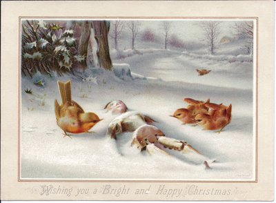 Carte de Noël victorienne représentant des robins regardant une marionnette en bois dans la neige, vers 1880 (lithographie en couleurs) - English School
